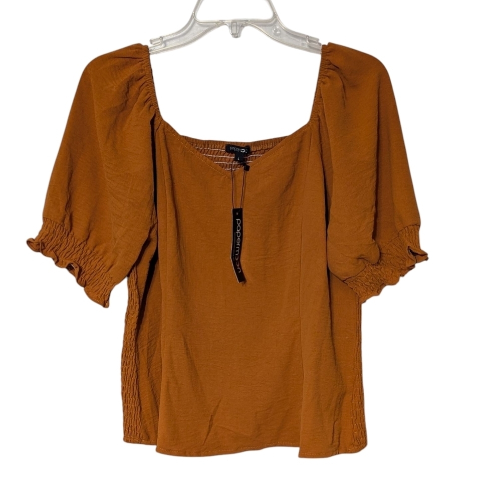 Papermoon Burnt Orange Puff Sleeve V-Neck Square Neckline Smocked Back Top Large